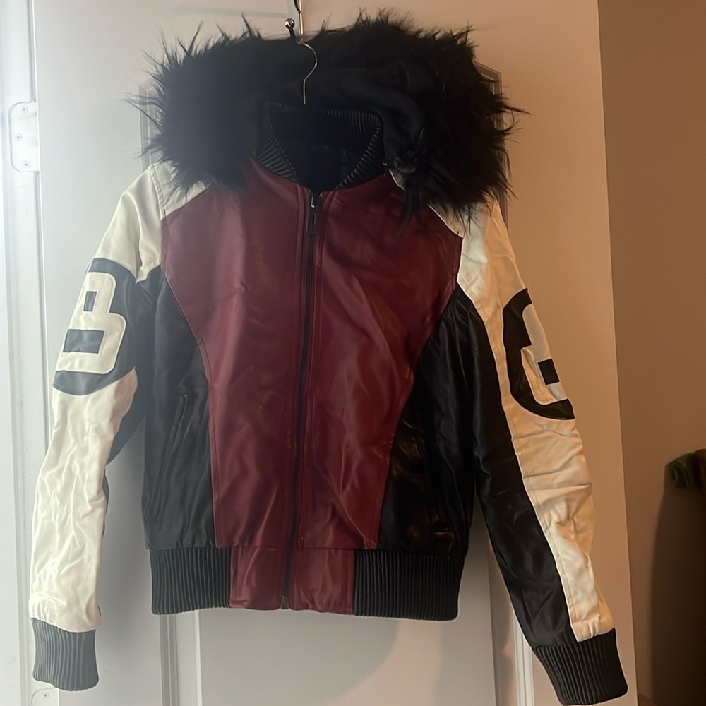 Used AUTHENTIC, medium, cranberry red, black, and white 8 Ball bomber jacket.